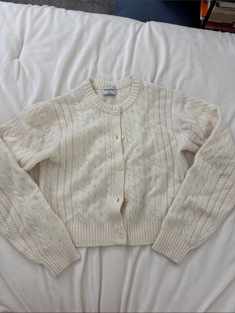 Aritzia Sunday Best Cream Cable Eyelet Button cropped Cardigan, 2xs
